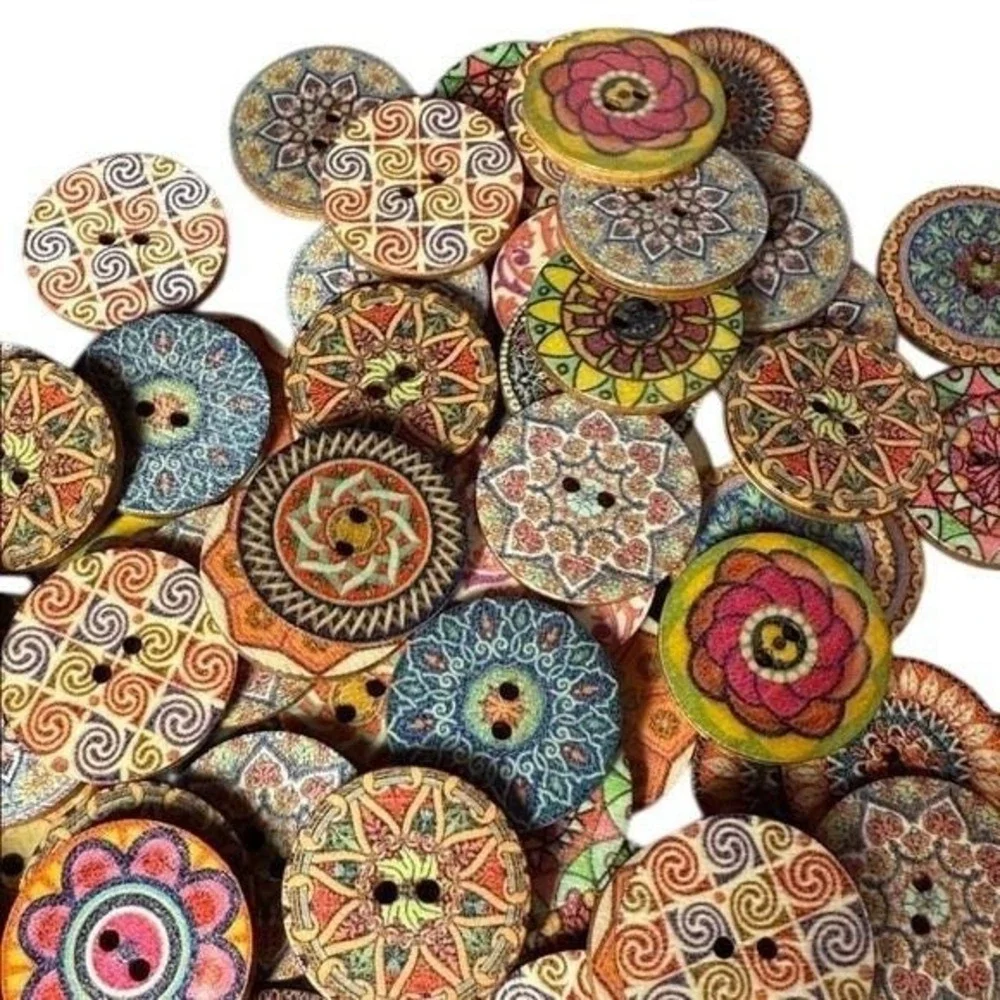130 Assorted Round Vibrant Wood Buttons Boho Mandala Patterns Crafting Sewing‎